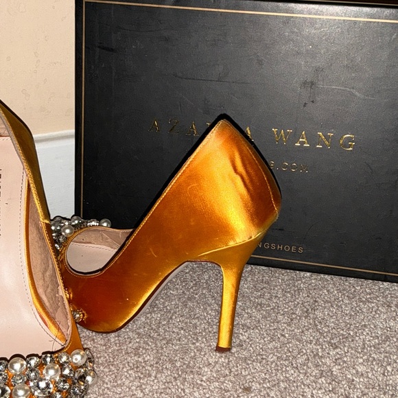 Gold Satin Pointed Toe Pumps with Pearl & Crystal Embellishment - Women - Picture 3 of 3